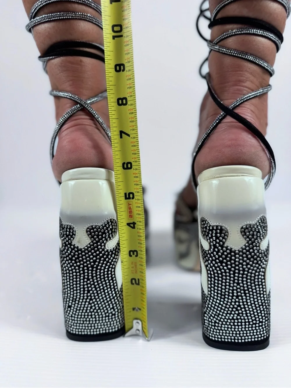 Azalea Wang Black White Rhinestone Platform Lace Up Heels
